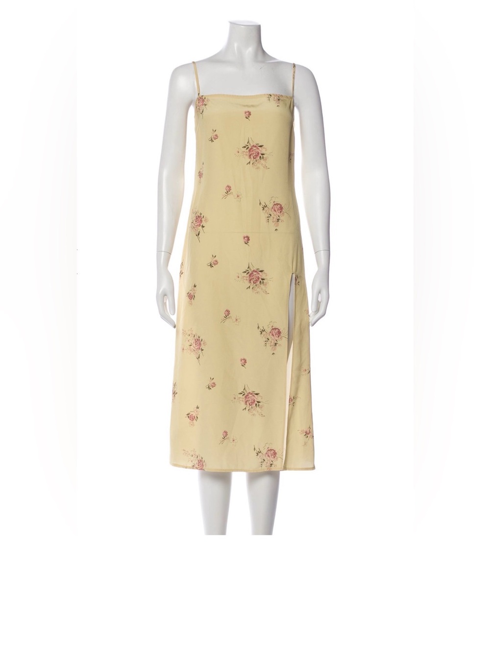 Reformation Pale Yellow Floral Slip Midi Dress with Pink Accents 🌸🌼